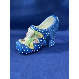 Miniature Porcelain Blue Shoe with White Polka Dots
